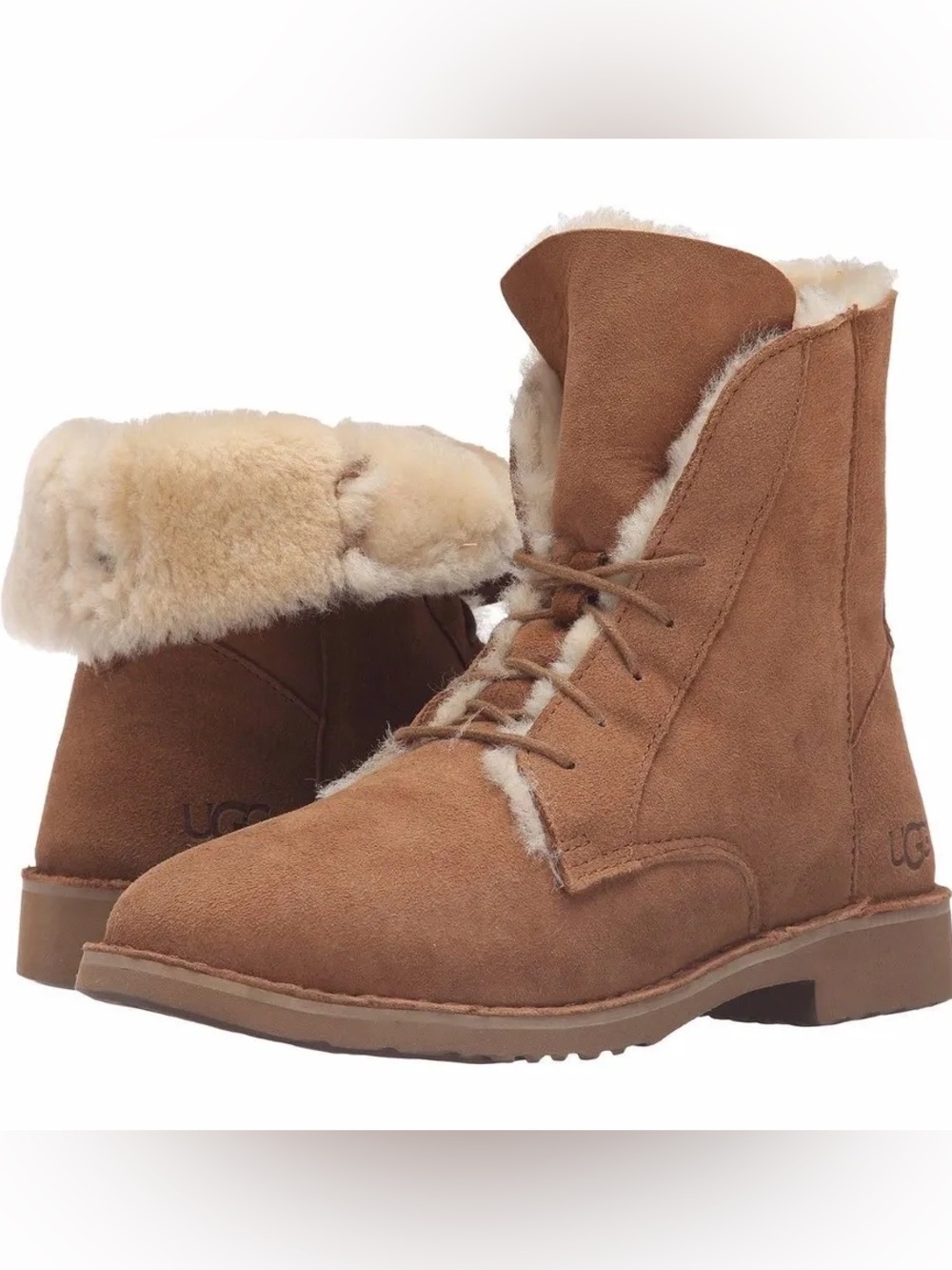 UGG Quincy Lace Up Boots Sherpa Suede Shearling Lining Women Size 8 Chestnut